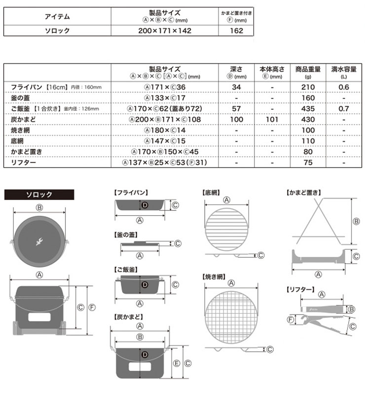 火起こし台、焼き網、飯ごう、プレートなど、SOLOCK(ソロック)はこれらすべての機能を備えています