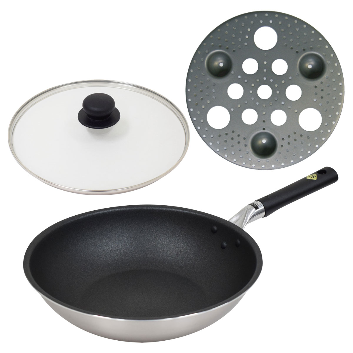 ウルシヤマ 3層クラッド 炒め鍋 28cm ガラス蓋 スチームプレート セット ガス火 IH対応 2025年 福袋 ウルシヤマ金属工業 umic【フライパン 深型 フタ付き 便利プレート 調理器具セット 先行発売】