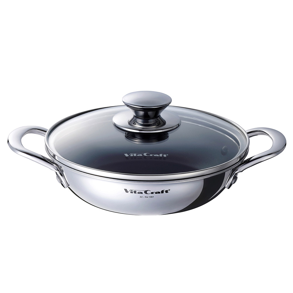 ビタクラフト テーブルパン 18cm ガラス蓋付き NO.1361 浅型 両手鍋 ガス火 IH対応【卓上鍋 浅型鍋 無水調理 調理器具 ステンレス アルミ 全面2層構造】
