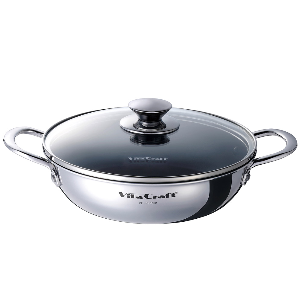 ビタクラフト テーブルパン 22cm ガラス蓋付き NO.1362 浅型 両手鍋 ガス火 IH対応【卓上鍋 浅型鍋 無水調理 調理器具 ステンレス アルミ 全面2層構造】