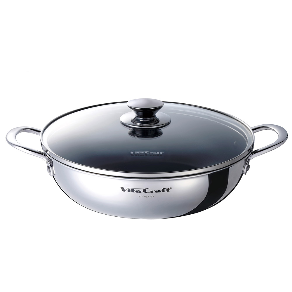 ビタクラフト テーブルパン 26cm ガラス蓋付き NO.1363 浅型 両手鍋 ガス火 IH対応【卓上鍋 浅型鍋 無水調理 調理器具 ステンレス アルミ 全面2層構造】