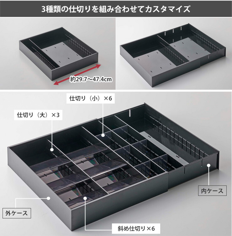 3種類、15個の仕切りを組み合わせてカスタマイズ