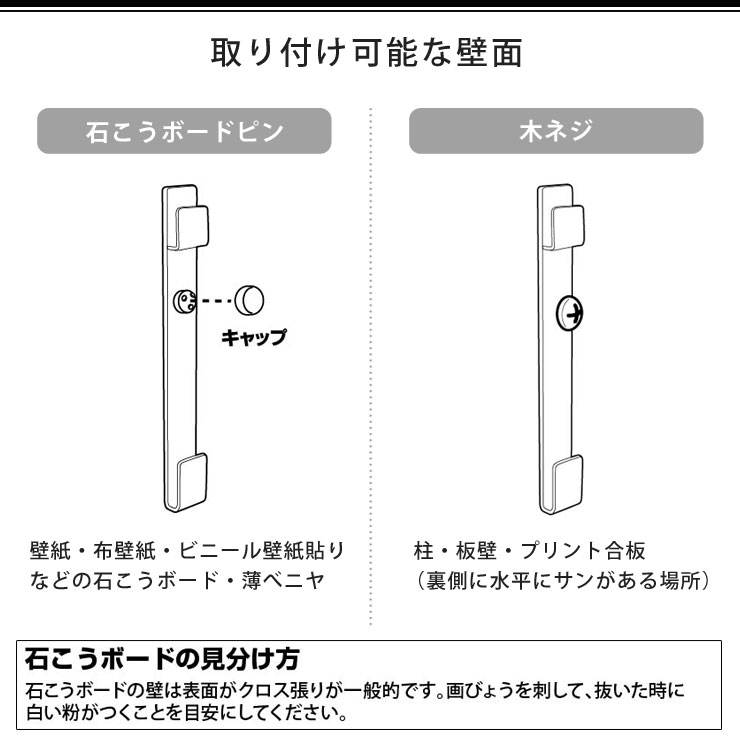 石こうボードピンと木ネジで取り付け可能