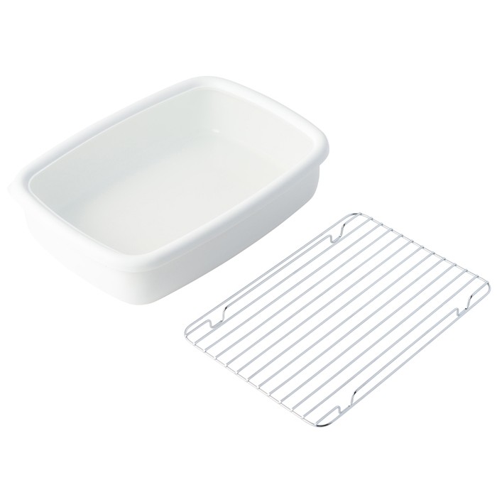 富士ホーロー アミ付き ホーロー容器 L 1.6L【天ぷらバット ホーロー バット 網付き 蓋付 揚げ網 水切り 油切り 保存容器 琺瑯容器 直火 オーブン調理】 リリーホワイト